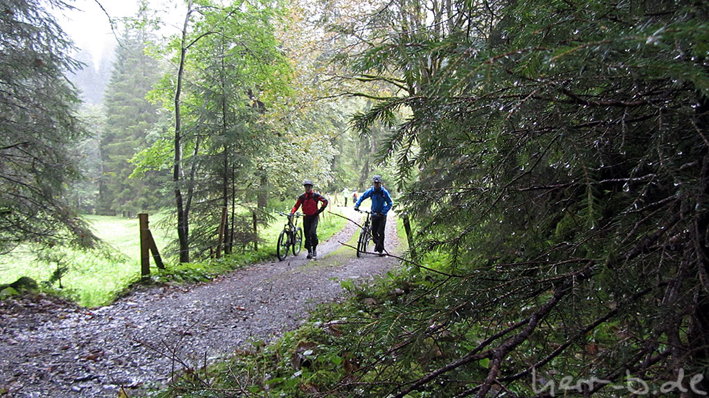 Patschnasser Wald mit Bikern.